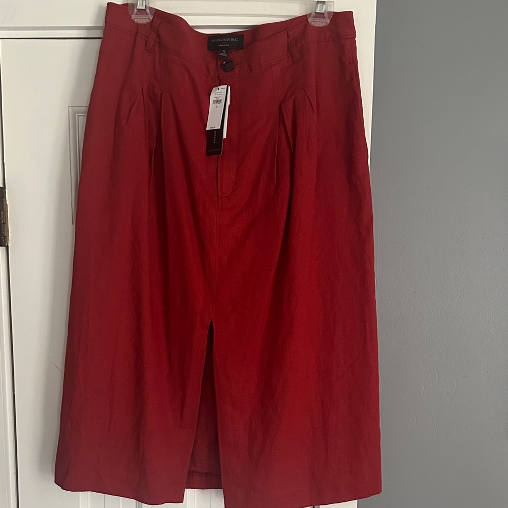 Banana Republic Linen Front-Slit Midi Skirt Scarlet Size 12 NWT